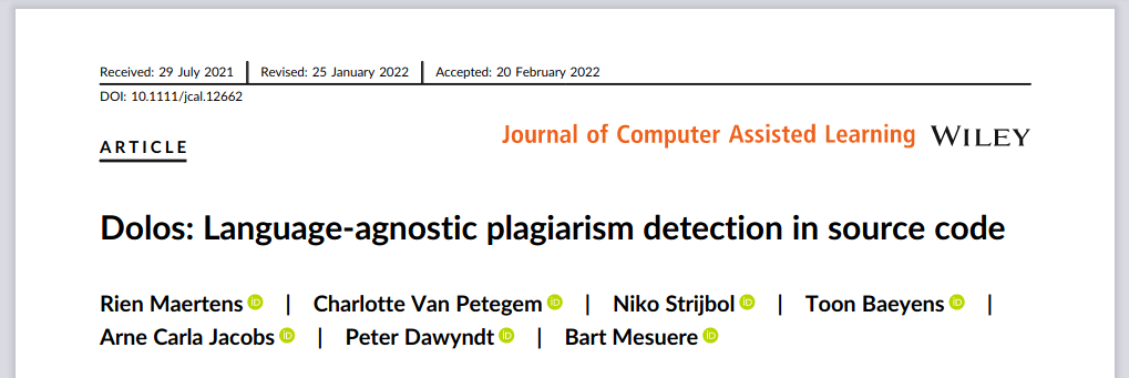 Header of the article titled "Dolos: Language-agnostic plagiarism detection in source code"