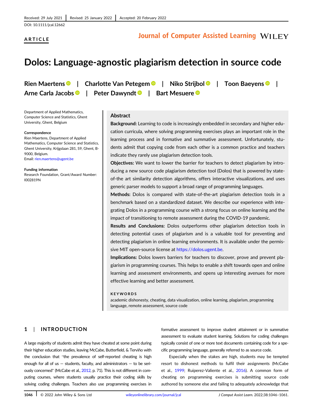 Image of the first page of the article with title Dolos: Language-agnostic plagiarism detection in source code