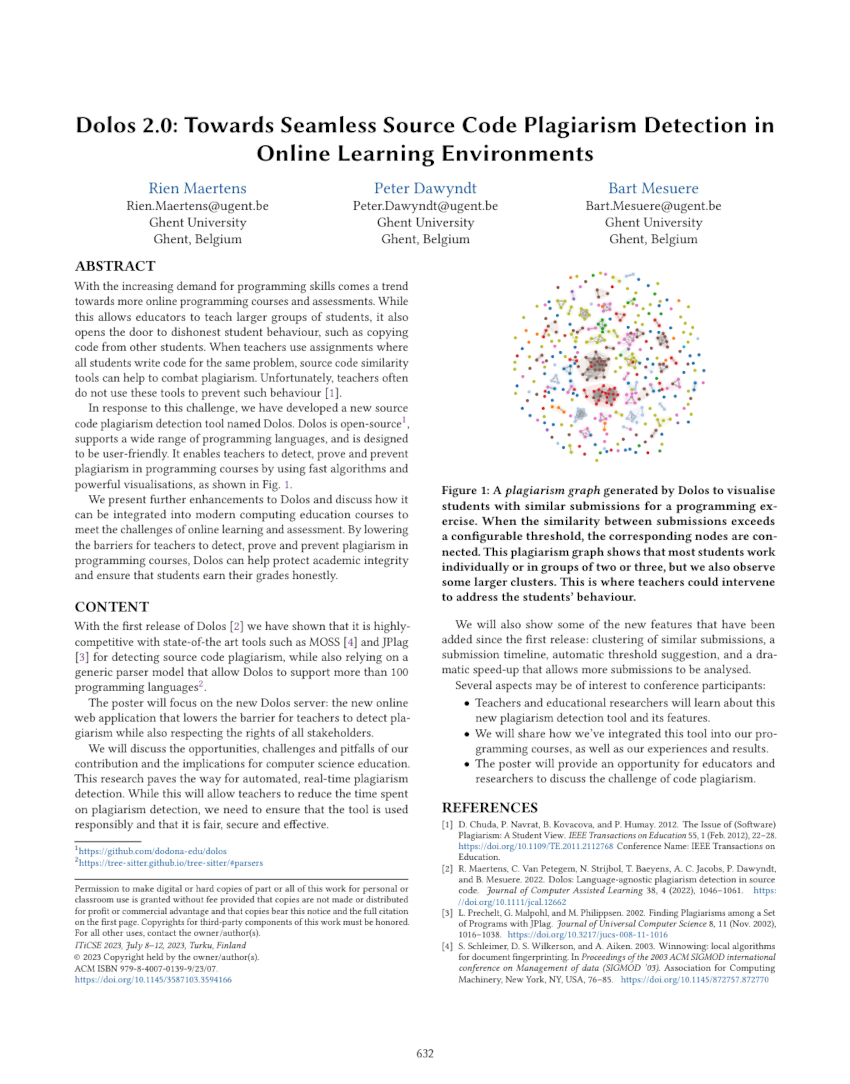 Image of the first page of the article with title Dolos 2.0: Towards Seamless Source Code Plagiarism Detection in Online Learning Environments