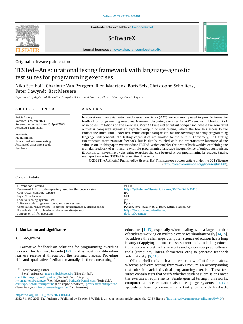 Image of the first page of the article with title TESTed — An educational testing framework with language-agnostic test suites for programming exercises