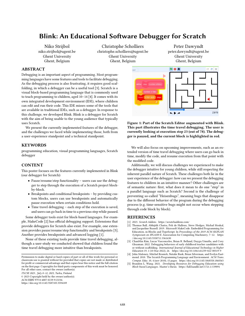 Image of the first page of the article with title Blink: An Educational Software Debugger for Scratch