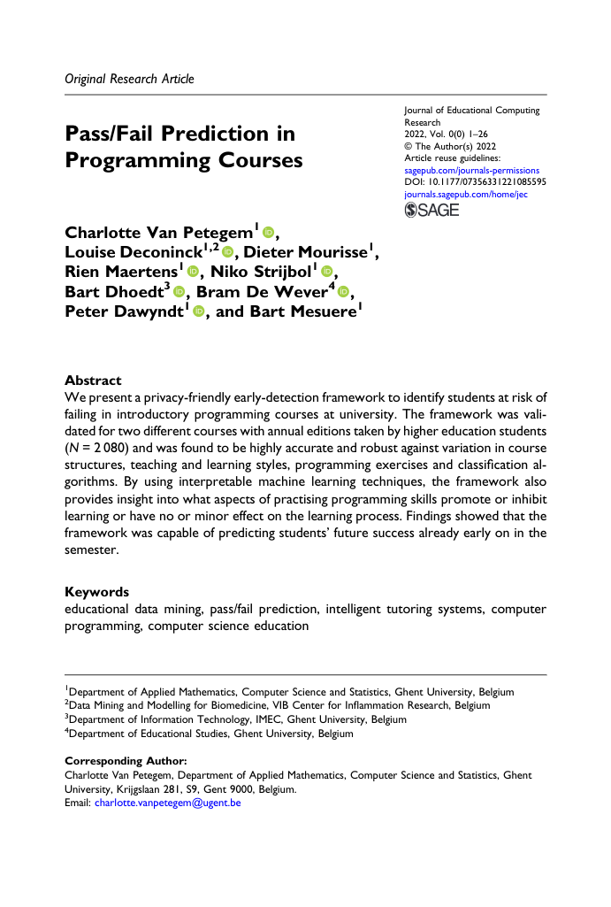 Image of the first page of the article with title Pass/fail prediction in programming courses