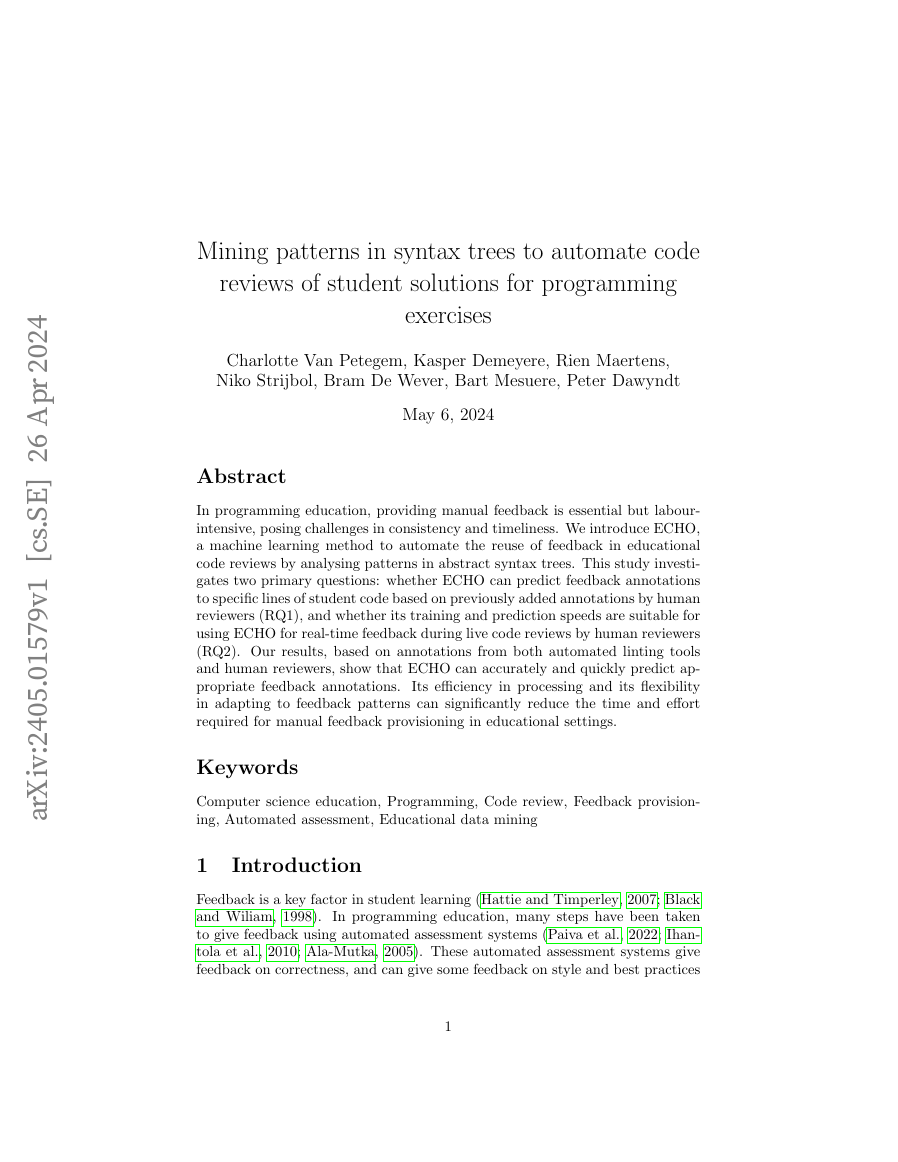 Image of the first page of the article with title Mining patterns in syntax trees to automate code reviews of student solutions for programming exercise